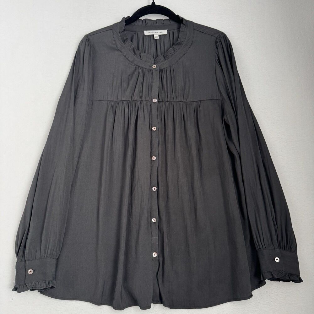 Rose + Olive Blouse Women L Charcoal Gray Ruffle Button Front Boho Romantic Top